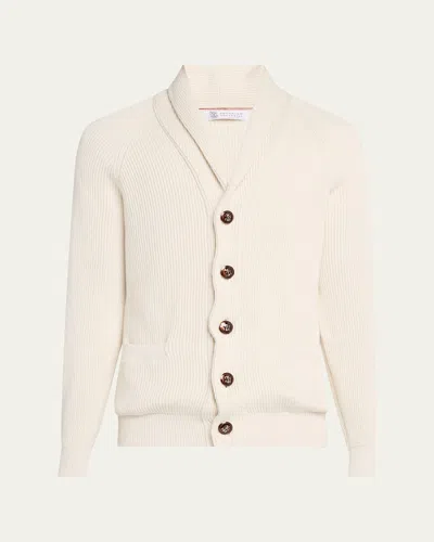 Brunello Cucinelli Men's Ribbed Cotton Shawl Cardigan In White