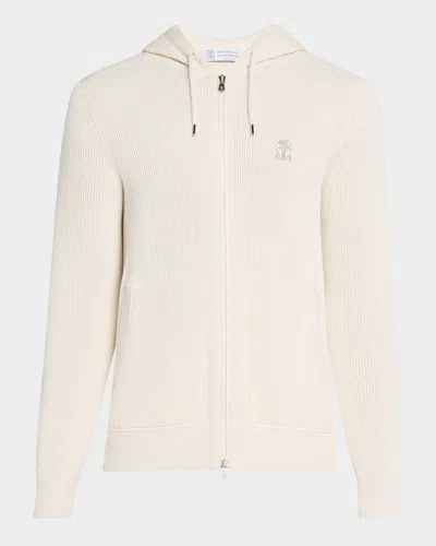 Brunello Cucinelli Men's Ribbed Full-zip Hoodie In English White