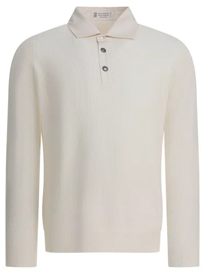 Brunello Cucinelli Ribbed Knit Cashmere Polo T-shirt In White