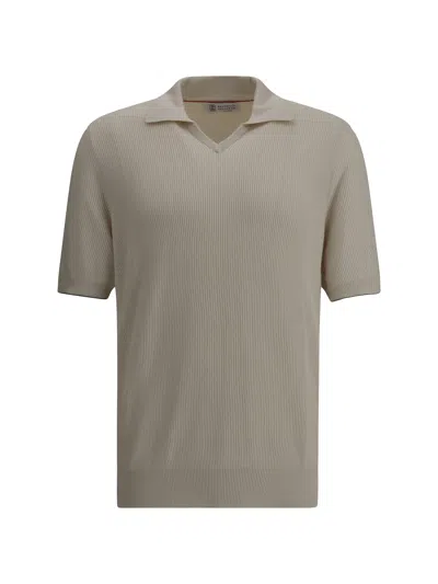 Brunello Cucinelli Men Ribbed Polo Shirt In Brown