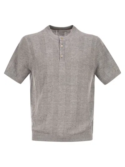Brunello Cucinelli Men Seraphim Collar T-shirt In Linen And Cotton Rib Knit In Multi
