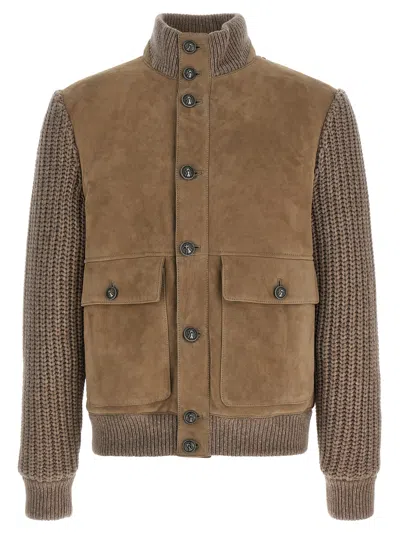 Brunello Cucinelli Men Suede Shearling Bomber Jacket With Cashmere Knit Details In Brown