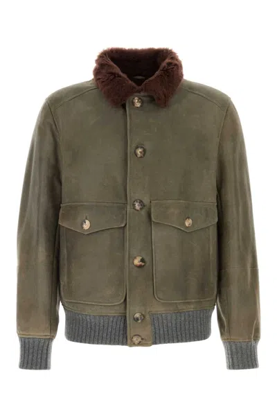 Brunello Cucinelli Waxed Shearling Bomber Jacket In Green