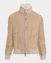 Brunello Cucinelli Bomber Jacket With Shearling Collar And Ribbed Finish In Neutral