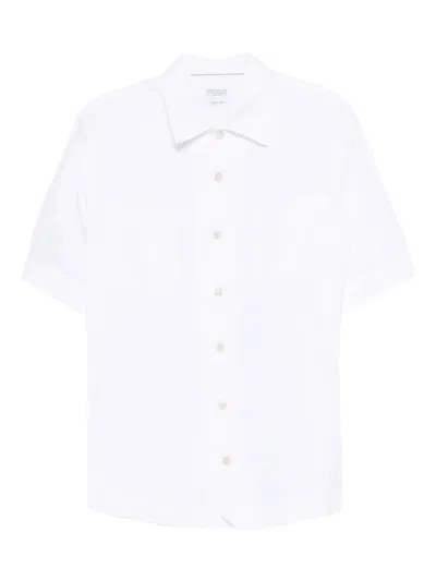 Brunello Cucinelli Men Easy Fit Linen Shirt With Open Collar In White