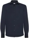 Brunello Cucinelli Men Silk And Cotton Jersey Shirt With Spread Collar In Blue