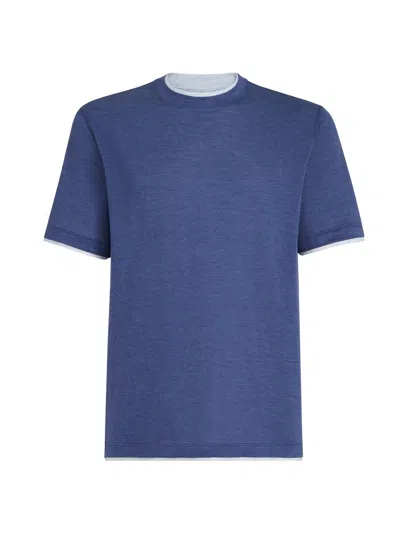 Brunello Cucinelli Classic Fit Cotton T-shirt With Contrasting Neckline For Men In Blue