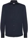 Brunello Cucinelli Men Silk And Cotton Jersey Shirt With Spread Collar In Blue