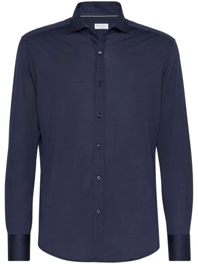 Brunello Cucinelli Men Silk And Cotton Jersey Shirt With Spread Collar In Blue