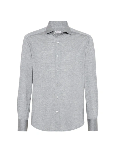 Brunello Cucinelli Men's Silk And Cotton Jersey Shirt With Spread Collar In Grey