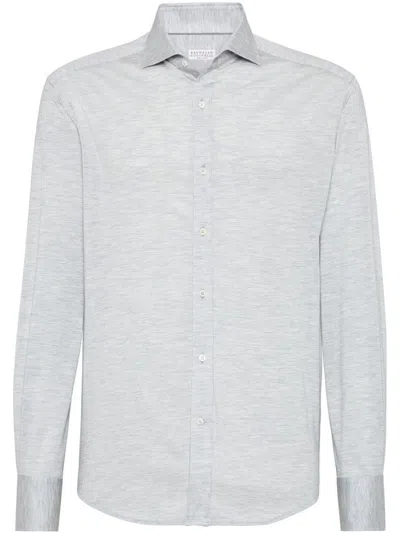 Brunello Cucinelli Men Silk And Cotton Jersey Shirt With Spread Collar In Multicolor