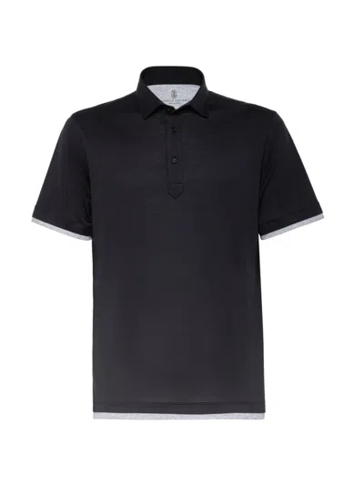 Brunello Cucinelli Men's Silk And Cotton Lightweight Jersey Polo Shirt In Black