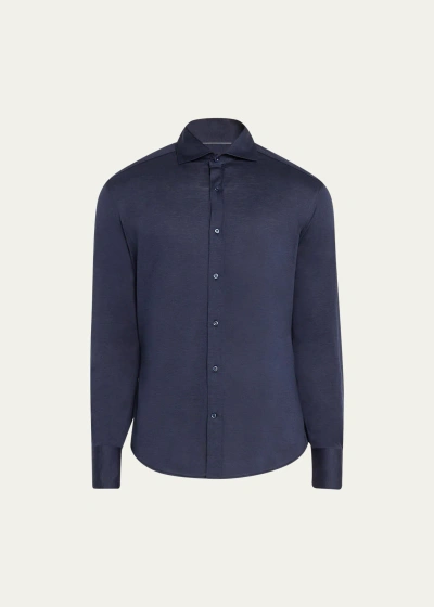 Brunello Cucinelli Men's Silk-cotton Jersey Sport Shirt In Blue