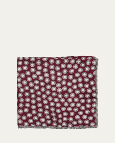 Brunello Cucinelli Men's Silk Geometric Circle Pocket Square In Burgundy