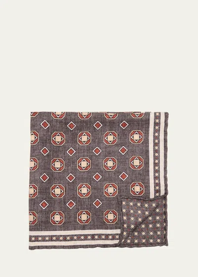 Brunello Cucinelli Men's Silk Geometric Pocket Square In Grey/orange