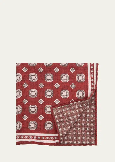 Brunello Cucinelli Men's Silk Geometric Pocket Square In Red/grey