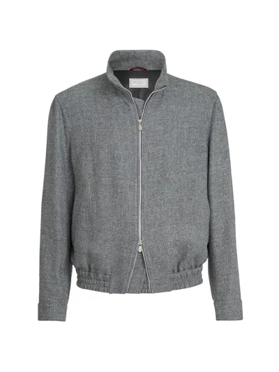 Brunello Cucinelli Stand Collar Hopsack Outerwear Jacket In Gray
