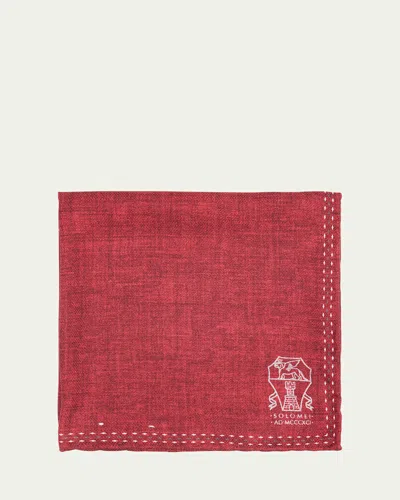 Brunello Cucinelli Men's Silk Logo Emblem Pocket Square In Red