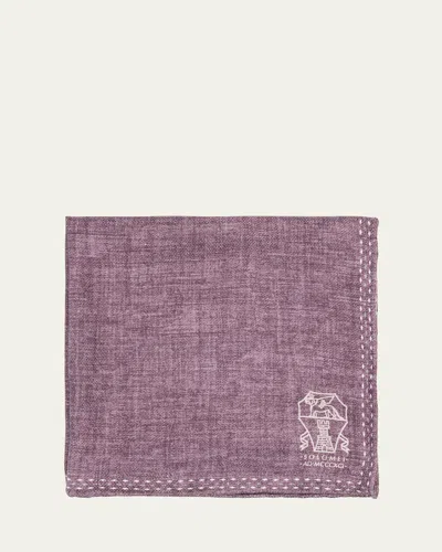 Brunello Cucinelli Men's Silk Logo Emblem Pocket Square In Pink