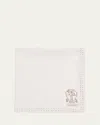 Brunello Cucinelli Men's Silk Logo Emblem Pocket Square In White