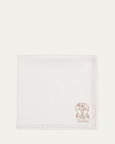 Brunello Cucinelli Men's Silk Logo Emblem Pocket Square In White