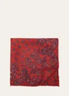 Brunello Cucinelli Men's Silk Paisley Pocket Square In Coral/navy