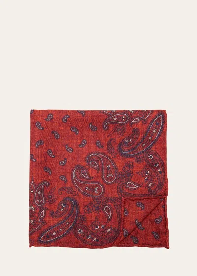 Brunello Cucinelli Men's Silk Paisley Pocket Square In Coral/navy