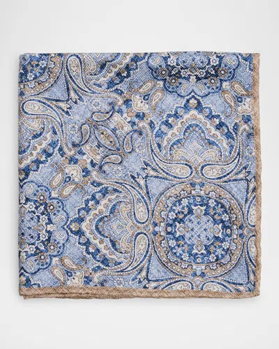 Brunello Cucinelli Men's Silk Paisley Pocket Square In Dusty Blue Bar