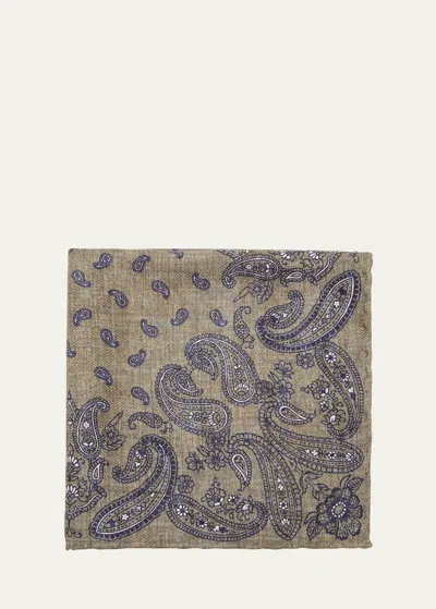 Brunello Cucinelli Men's Silk Paisley Pocket Square In Olive/navy