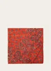 Brunello Cucinelli Men's Silk Paisley Pocket Square In Orange/grey