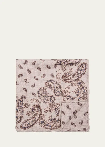 Brunello Cucinelli Men's Silk Paisley Pocket Square In Pearl/light Grey