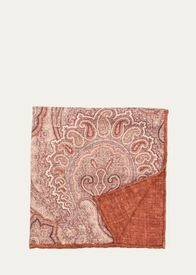 Brunello Cucinelli Orange Paisley Print Silk Men's Pocket Square In Camel/coral
