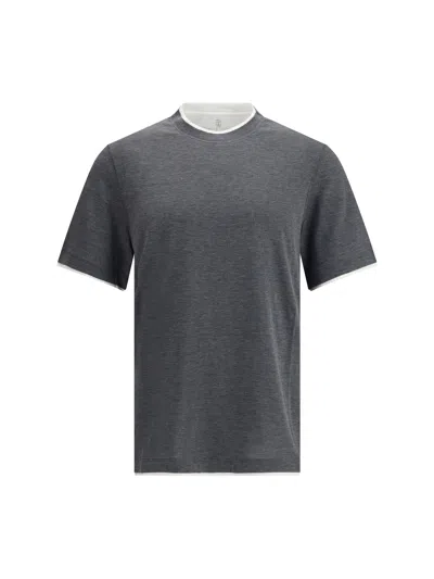 Brunello Cucinelli Grey Crewneck Contrast Trim T-shirt In Gray