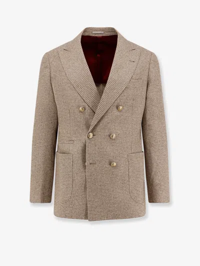 BRUNELLO CUCINELLI BRUNELLO CUCINELLI MEN SILK, WOOL AND CASHMERE DOUBLE-BREASTED BLAZER