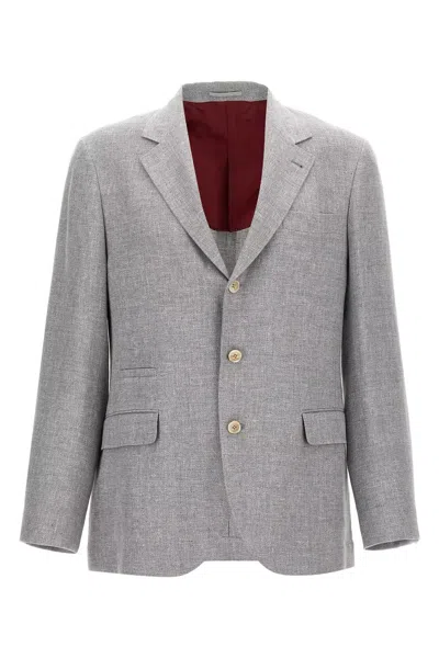 Brunello Cucinelli Men Single-breasted Linen Blend Blazer In Gray