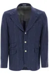 BRUNELLO CUCINELLI SINGLE-BREASTED LINEN AND WOOL BLEND BLAZER FOR MEN IN NAVY