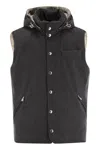 Brunello Cucinelli Men Sleeveless Down Jacket In Membraned Wool Flannel With Detachable Hood In Anthracite