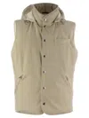 Brunello Cucinelli Men Sleeveless Down Jacket In Membraned Wool Flannel With Detachable Hood In Cream