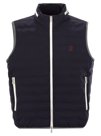 Brunello Cucinelli Men Sleeveless Nylon Down Jacket With Logo And Removable Hood In Black