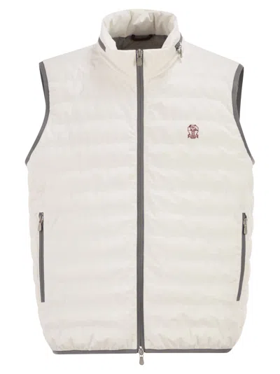 Brunello Cucinelli Men Sleeveless Nylon Down Jacket With Logo And Removable Hood In White
