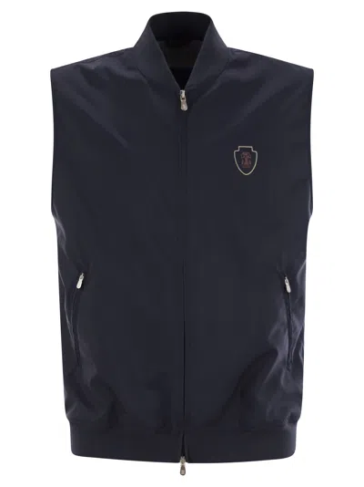 Brunello Cucinelli Men Sleeveless Nylon Topwear With Zip And Logo In Blue