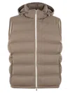 Brunello Cucinelli Men Sleeveless Wool Down Jacket With Detachable Hood In Brown