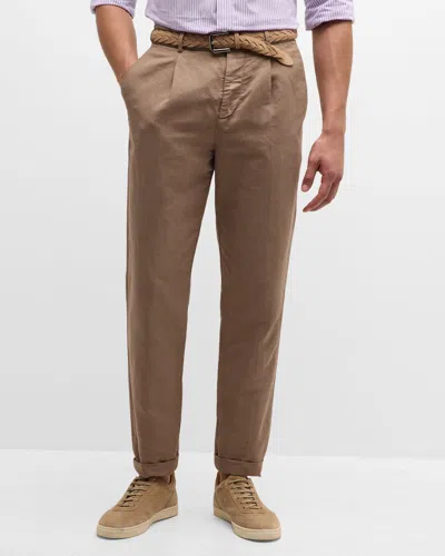 Brunello Cucinelli Men's Slim Fit Cotton-linen Pleated Pants In Brown