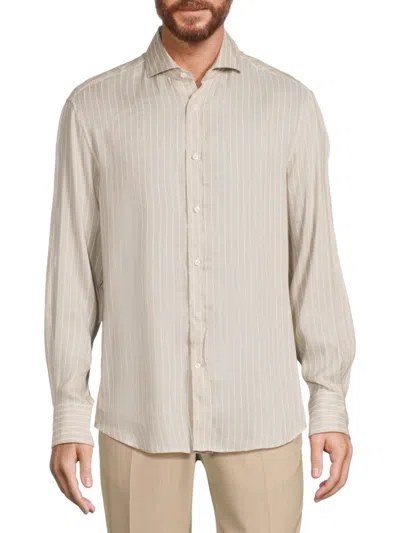 Brunello Cucinelli Men's Slim Fit Linen Blend Striped Shirt In Brown White