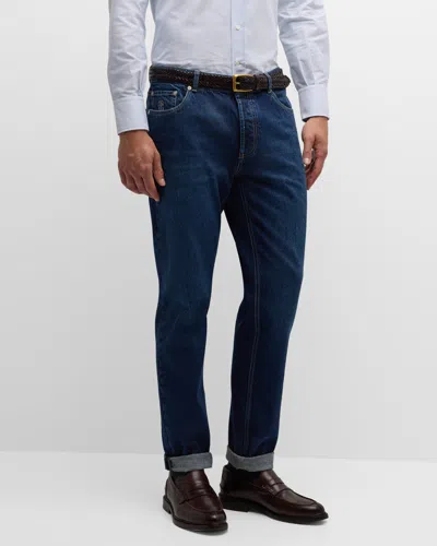 Brunello Cucinelli Men's Slim Light-wash Denim Jeans In Dark Wash Denim