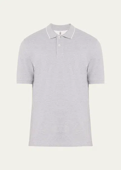 Brunello Cucinelli Men's Solid Pique Polo Shirt In Grey