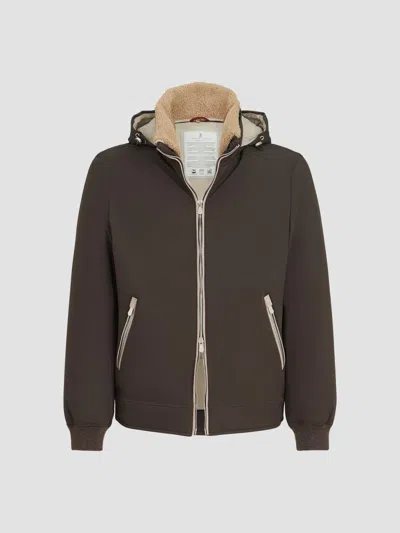 Brunello Cucinelli Stretch Bonded Nylon Down Jacket With Detachable Hood In Brown