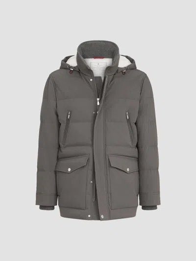Brunello Cucinelli Stretch Bonded Nylon Down Parka With Detachable Hood In Multi