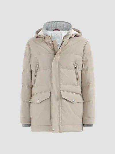 Brunello Cucinelli Men's Stretch Bonded Nylon Down Parka With Detachable Hood In Neutral