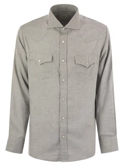 Brunello Cucinelli Men Stretch Cotton Chevron Flannel Easy Fit Shirt With Snap Buttons, Epaulettes A In Gray